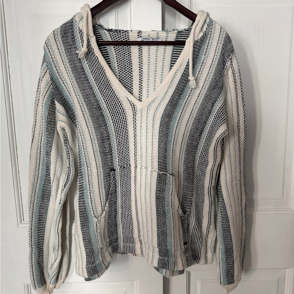 O'Neill Striped V-Neck Beachy Sweater - Cream and Blue